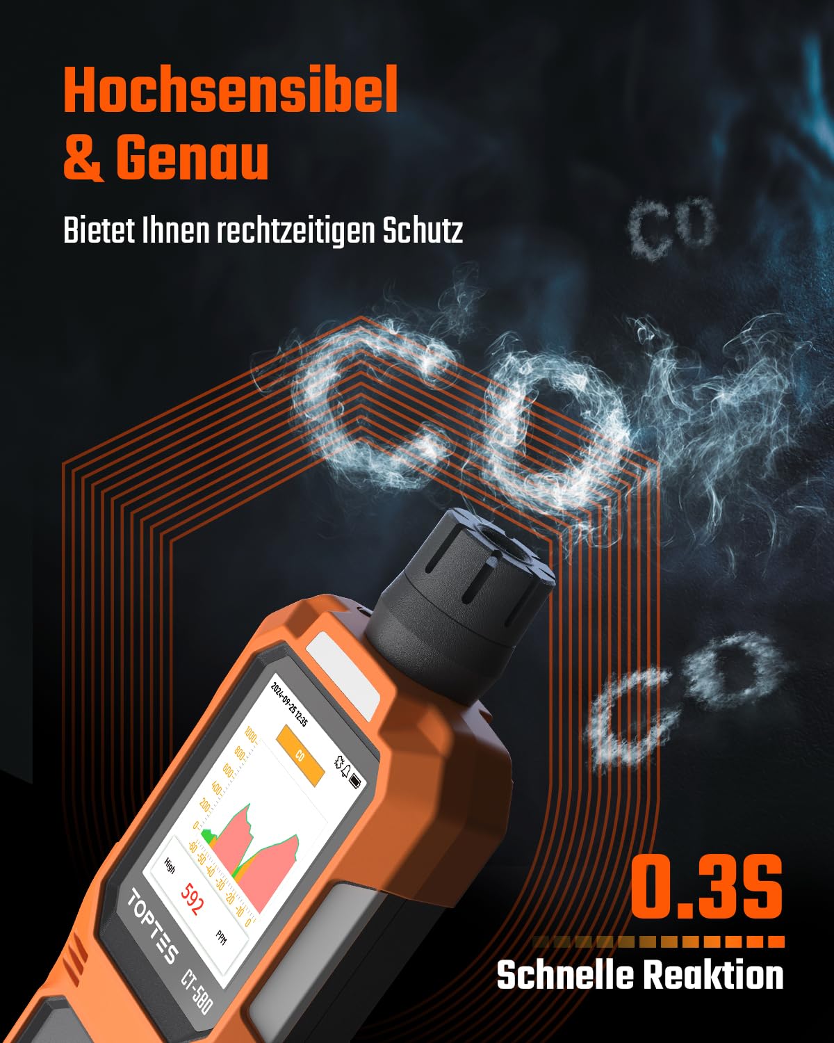 TOPTES CT-580 Kohlenmonoxidmelder, wiederaufladbarer CO-Melder mit Vibration, visuellen & akustischen Alarmen, tragbarer CO-Alarm, 0-1000PPM, TFT-Farbdisplay für Zuhause, Auto, Camping & Reisen