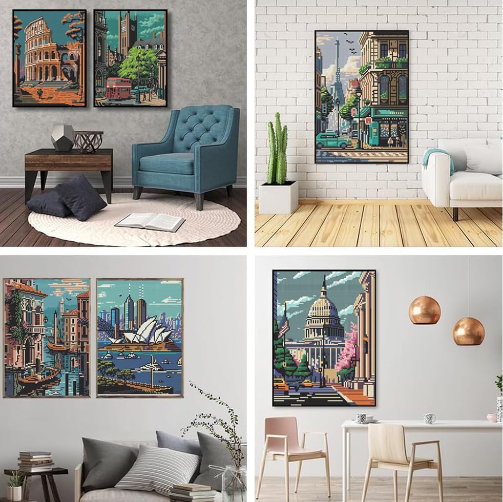 Miniatura 5 de CYNART Paquete de 6 kits de pintura de diamantes de paisaje para adultos y principiantes, kits de arte de diamantes de fama mundial para adultos,