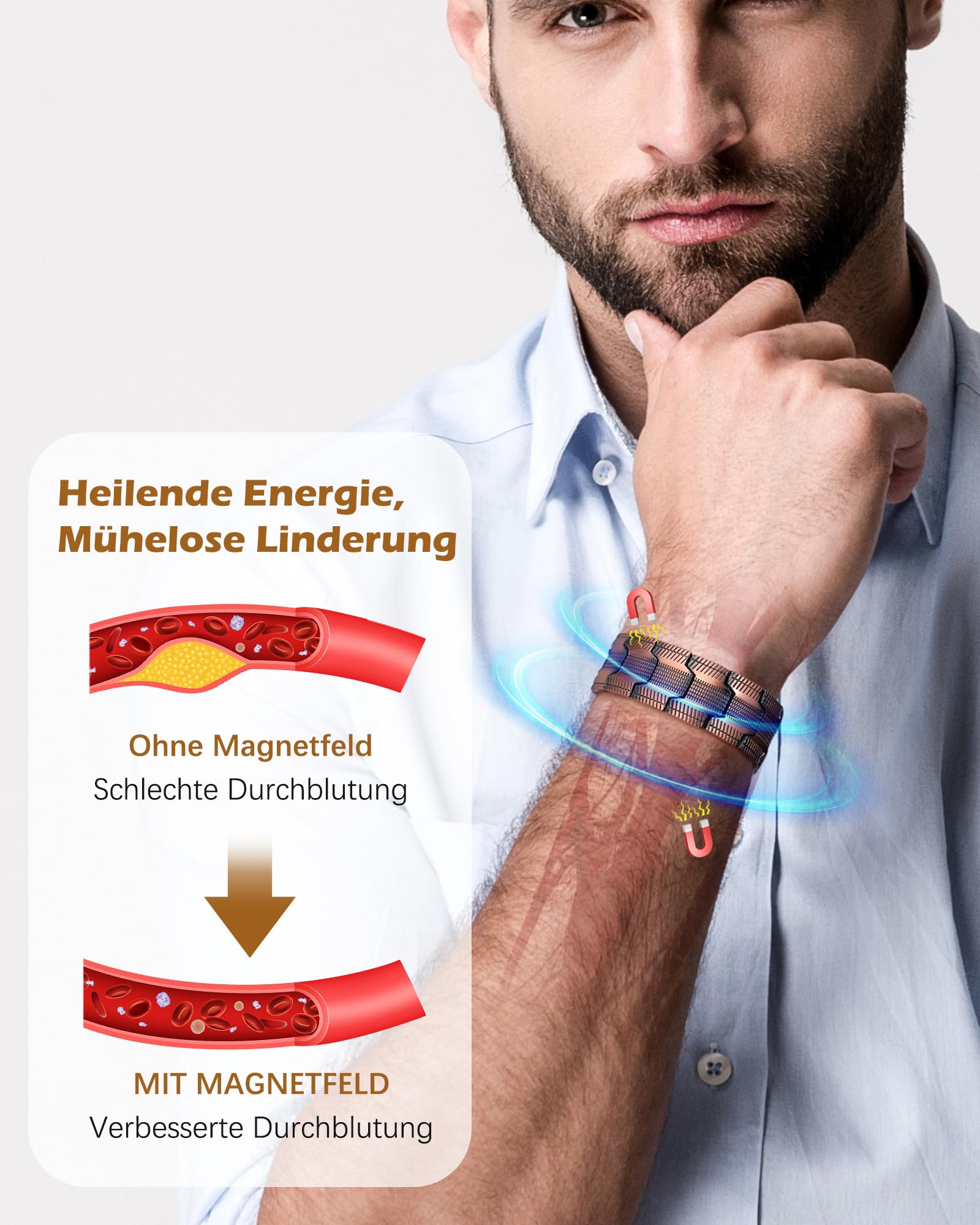 Jeracol Kupfer Magnetarmband Herren, 99% Reines kupferarmband mit ultrastarken Magneten, Einstellwerkzeug und Schmuck-Geschenkbox