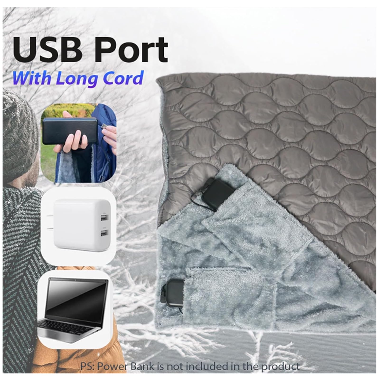 Manta térmica portátil con batería para exteriores, con USB, recargable, inalámbrica, tamaño Queen, 16 zonas de calefacción, 3 ajustes de calor, incluye bolsa de almacenamiento (caqui)