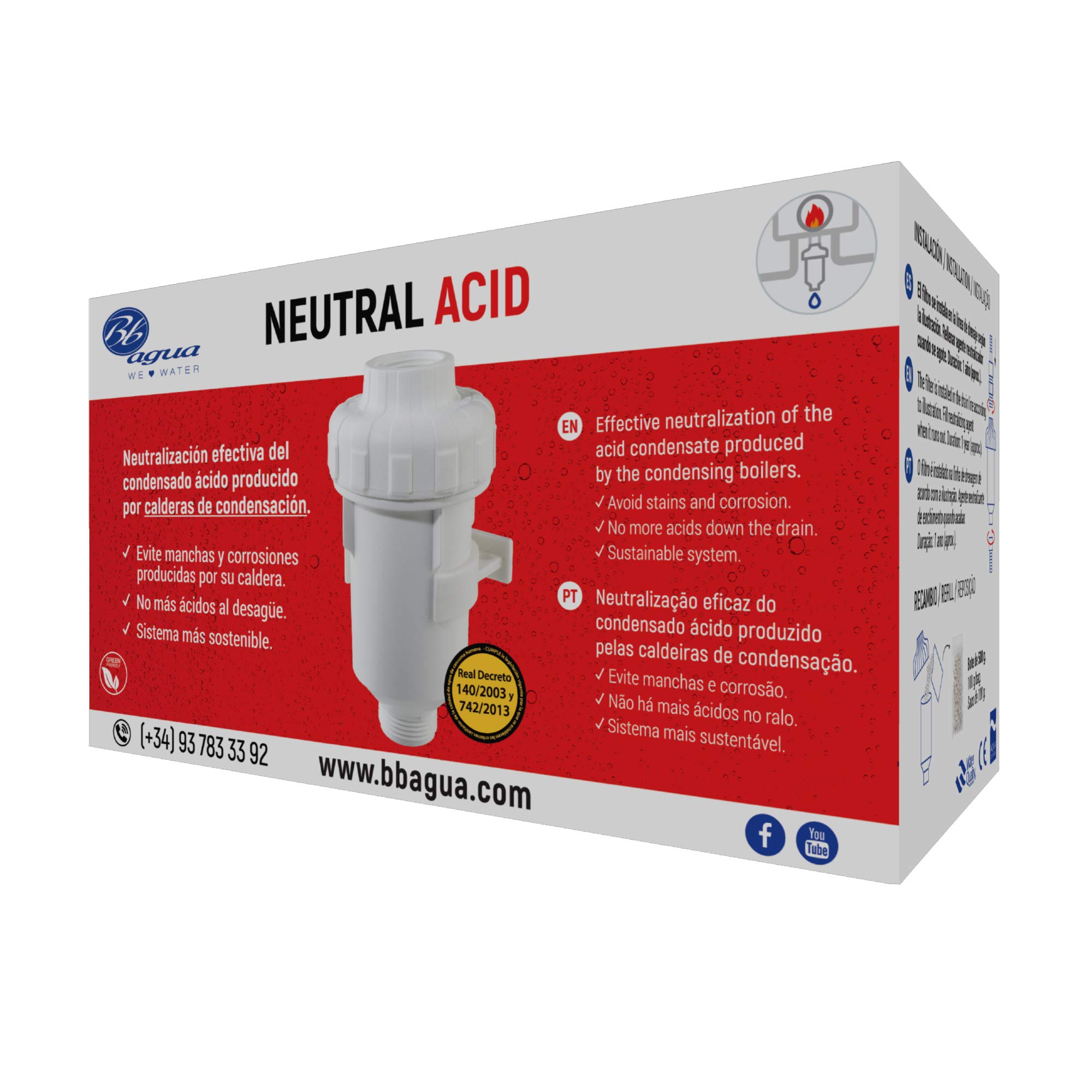 Filtro Neutral Acid. Neutraliza el condensado de ácido producido por la caldera alargando la vida y reduciendo el mantenimiento. Fácil limpieza y mantenimiento. Bbagua.
