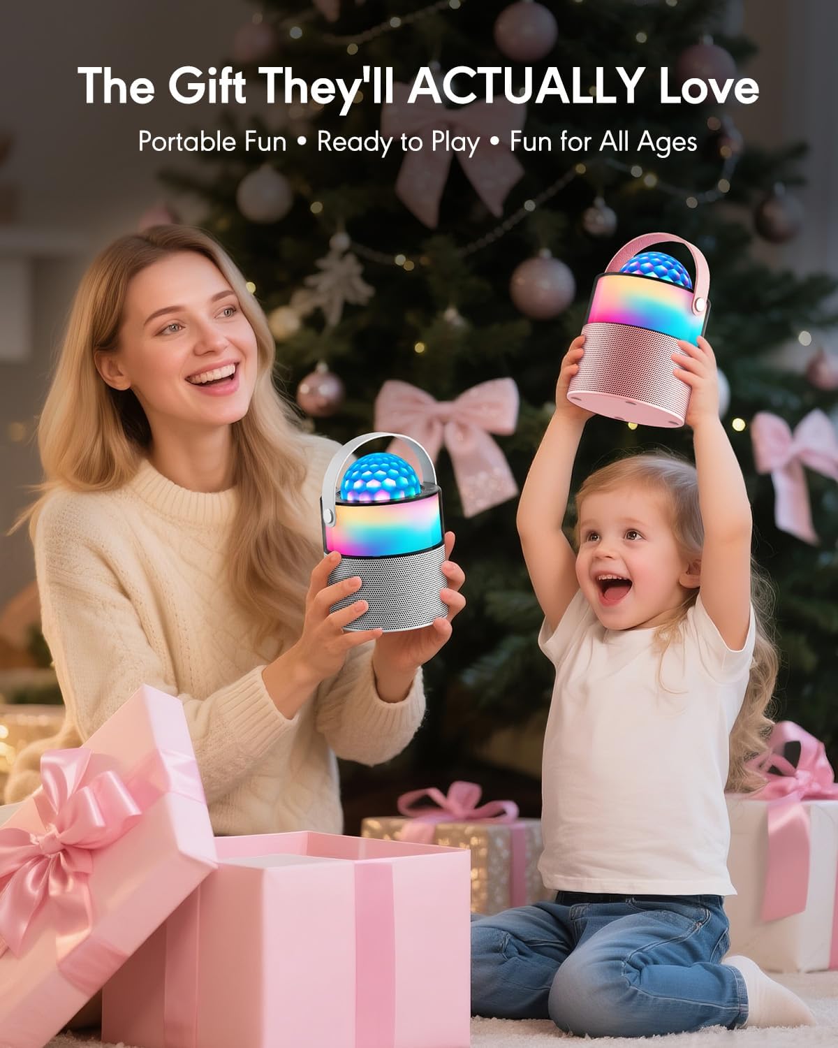 Karaoke Machine with Disco LED Lights for Adults Kids, Mini Portable Bluetooth Speaker with 2 Wireless Microphones, Birthday Gifts Toys for Kids Family Home Party (Pink) - Image 2