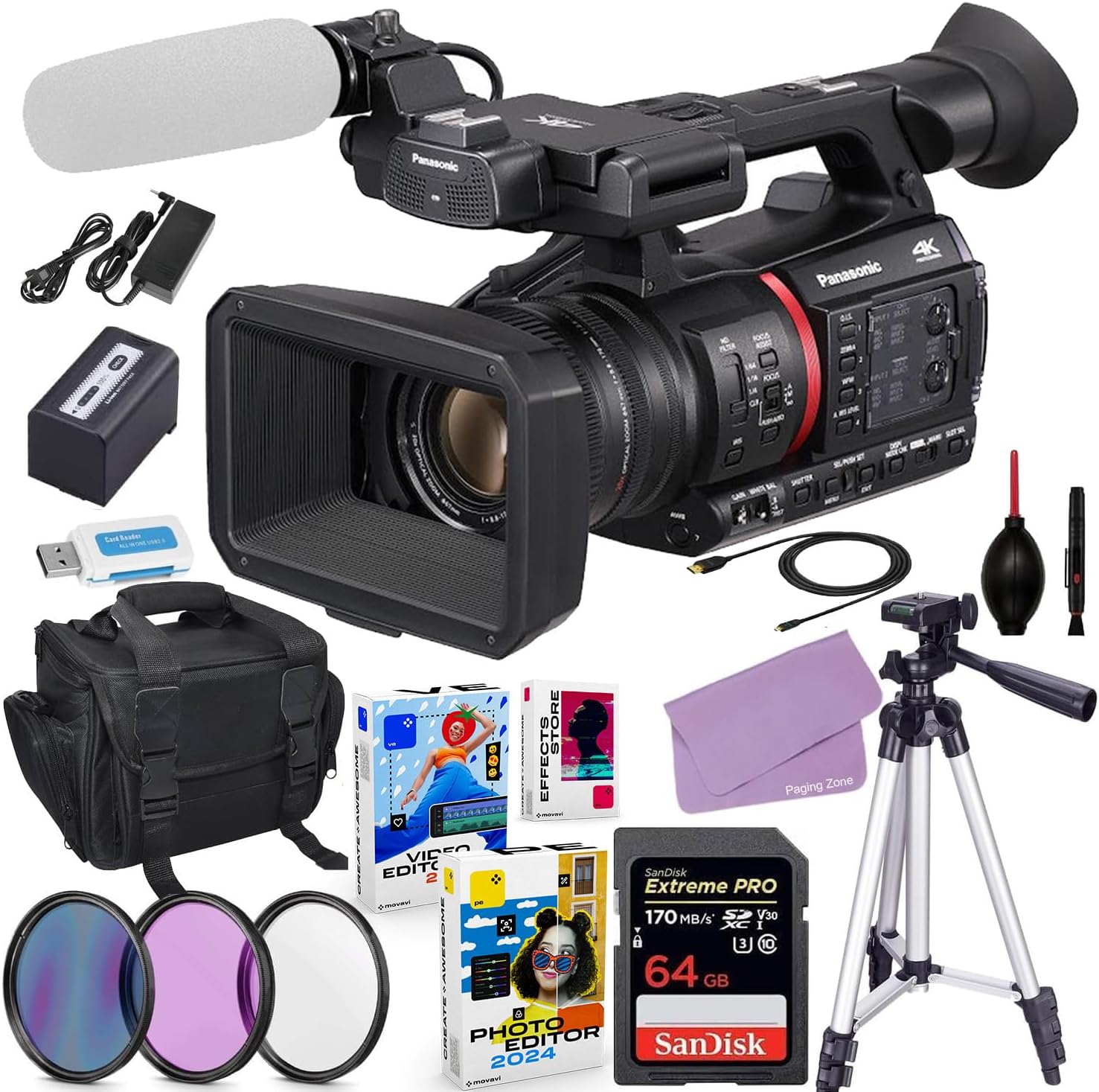 Panasonic AG-CX350 4K Camcorder Bundle + Accessory Kit Including 64GB Extreme Pro Memory, Filters, Case, Video/Photo Editing Software Package & More (20 Items)