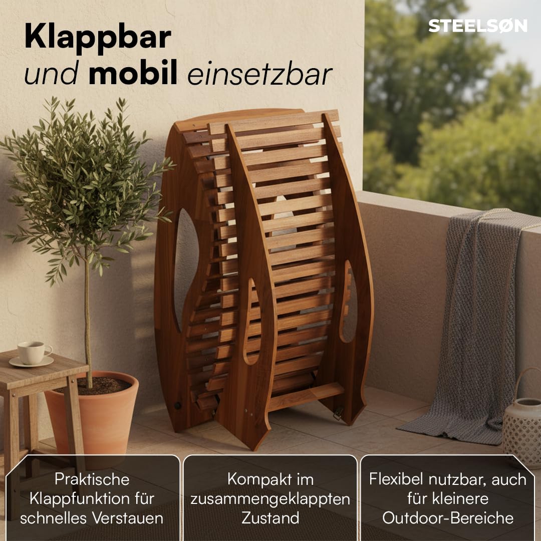 STEELSØN Solaria Gartenliege, Akazienholz geölt, klappbar, 150kg, Outdoor | Holzliege klappbar, Liegestuhl Akazienholz geölt, Sonnenliege, ergonomische Saunaliege wetterfest, Schaukelliege, Relaxliege