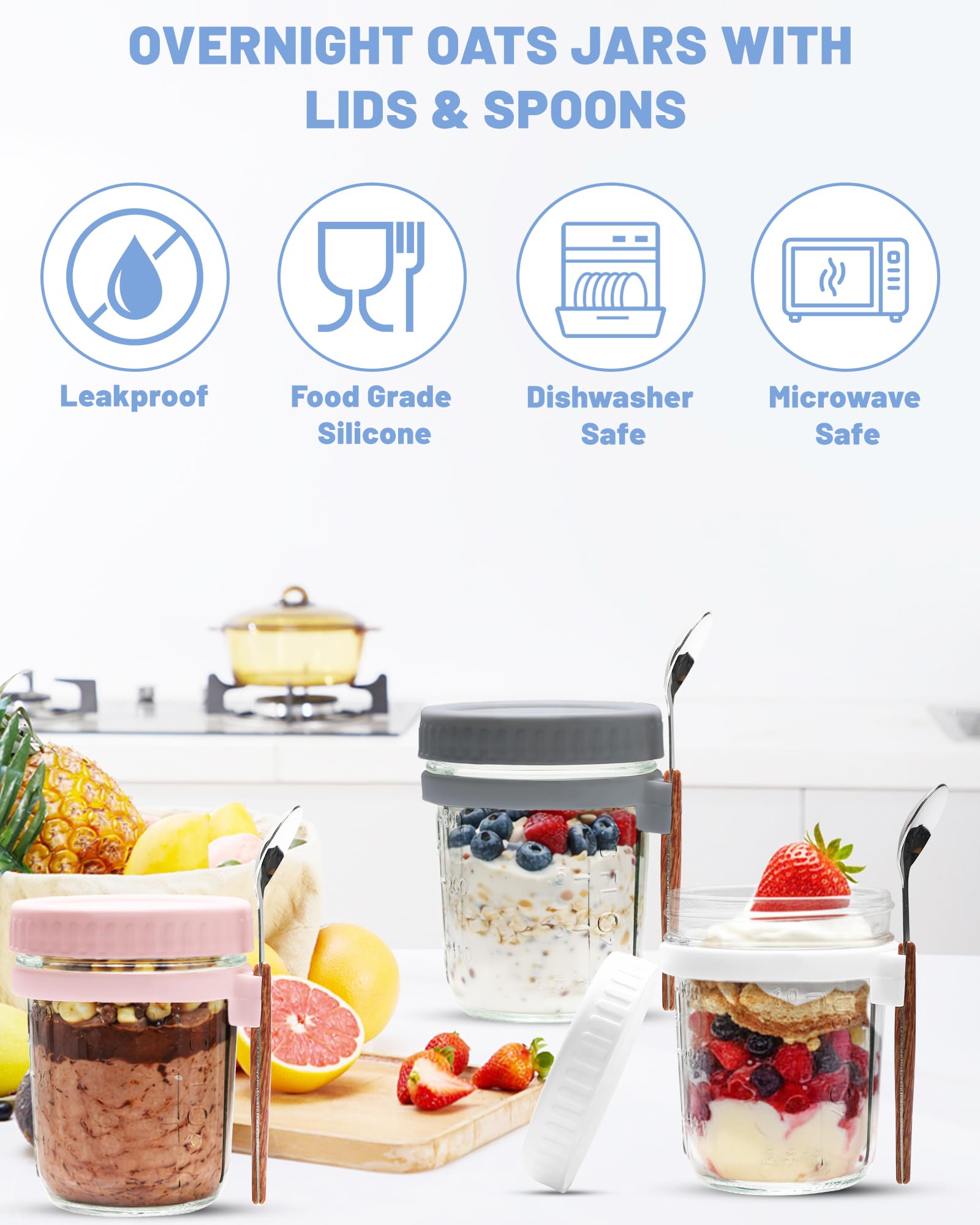 6 szt. słoiki na overnight oats z pokrywką i łyżką – szklane pojemniki meal prep ze skalą do musli, jogurtu i owsianki – szczelne słoiki śniadaniowe na wynos do sałatki i puddingu chia