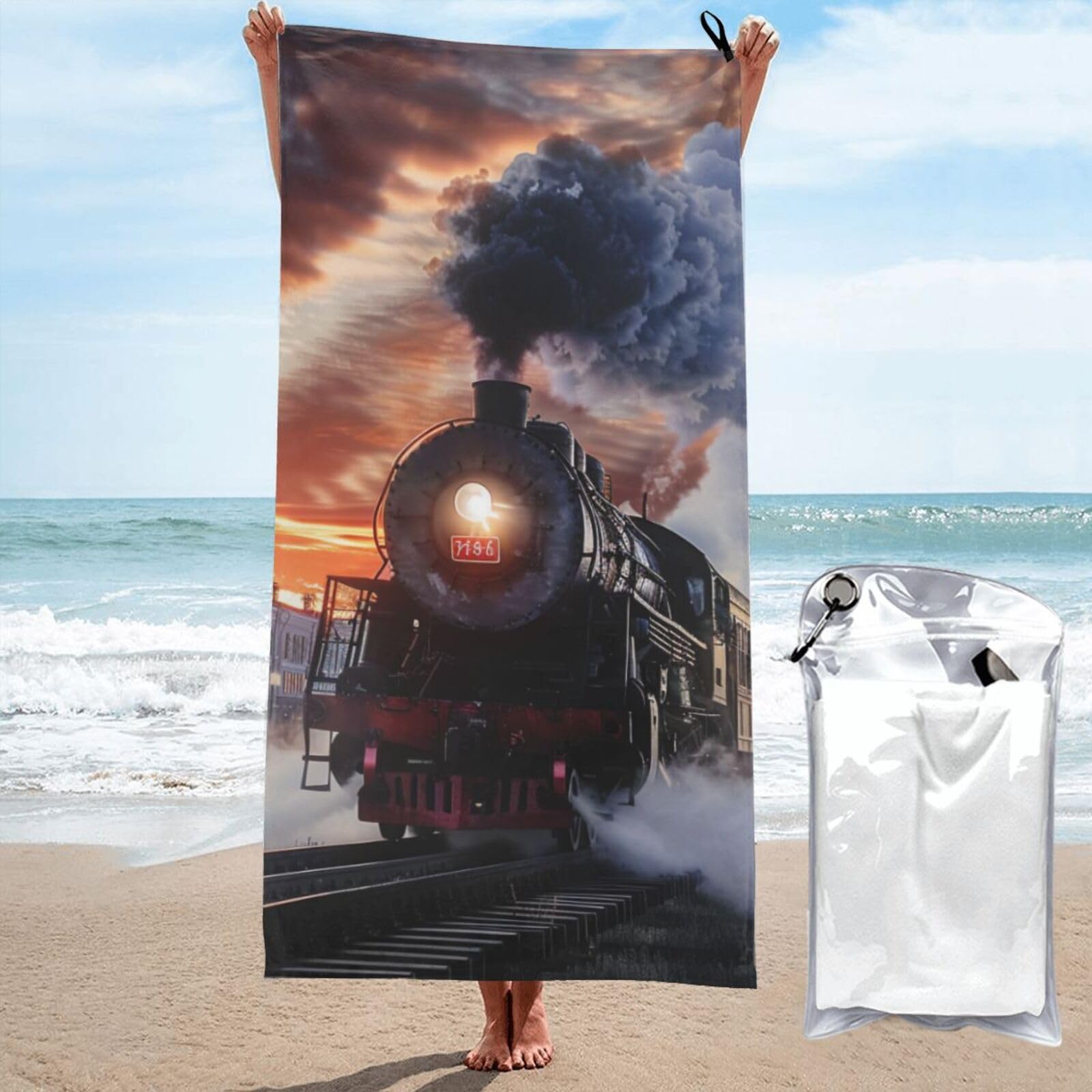 kkvhhyuo Microfiber Beach Towel, Steam Train Depart Sunset Printed Lightweight Quick Dry Travel Bath Sheet with Compact Carry Bag for Swimming Yoga Camping Gym,27.5"x55"