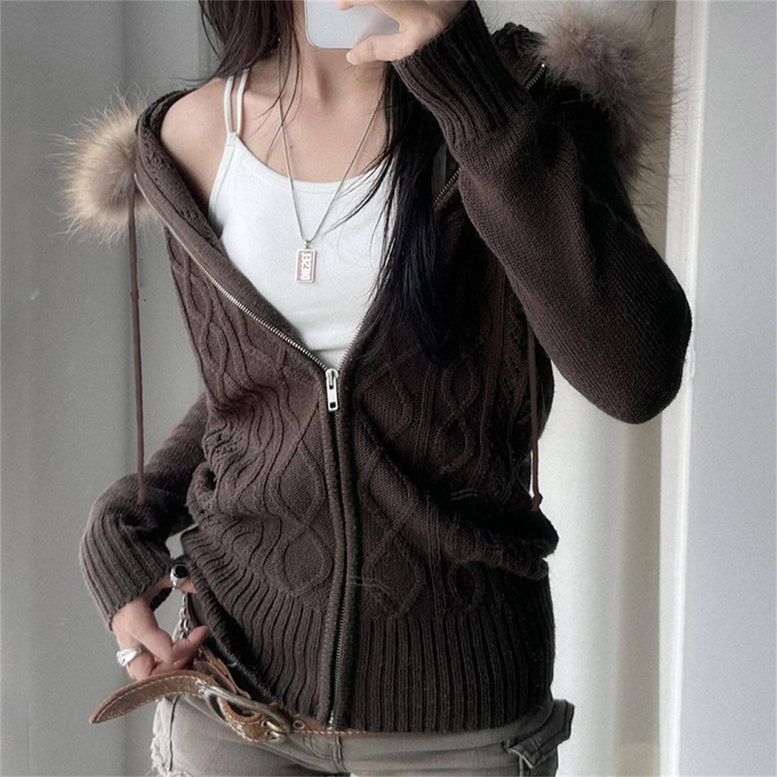 Generisch Damen-Strickjacke Mit Zopfmuster Und Kapuze – Y2k Slim Fit Strick-Hoodie Mit Fellbesatz Und Reißverschluss
