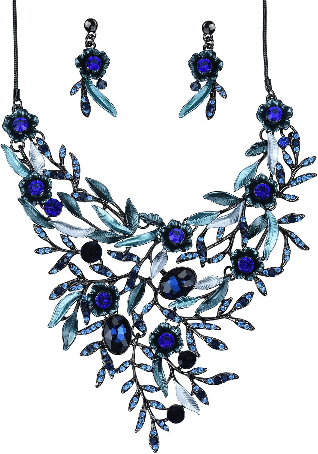 Vintage Women Beautiful Crystal Flower Enamel Blossom Flower Collar Bib Statement Necklace and Earrings Set for Women Wedding Bridal Prom