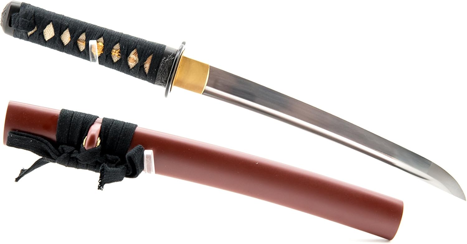 HMS Functional Samurai Tanto Sword, 1045 Carbon Steel, Hand Forged Heat Tempered, Full Tang, Sharp, Brown Scabbard