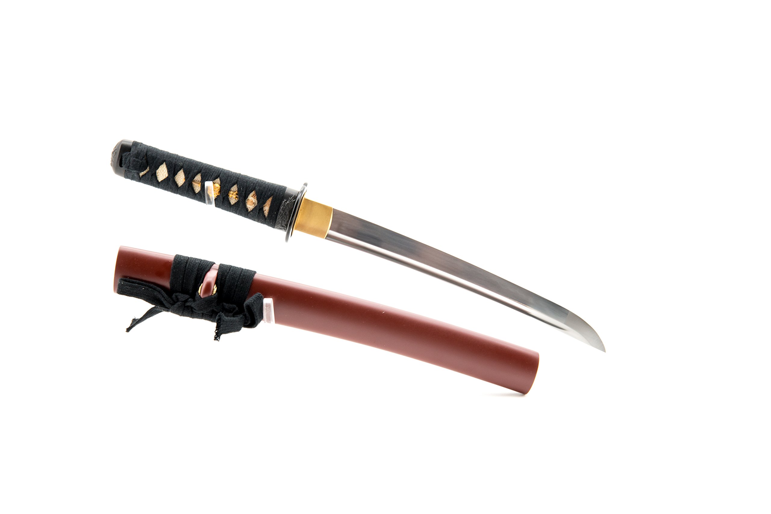 Handmade Sword - Functional Samurai Tanto Sword, 1045 Carbon Steel, Hand Forged Heat Tempered, Full Tang, Sharp, Musashi Tsuba, Brown Scabbard