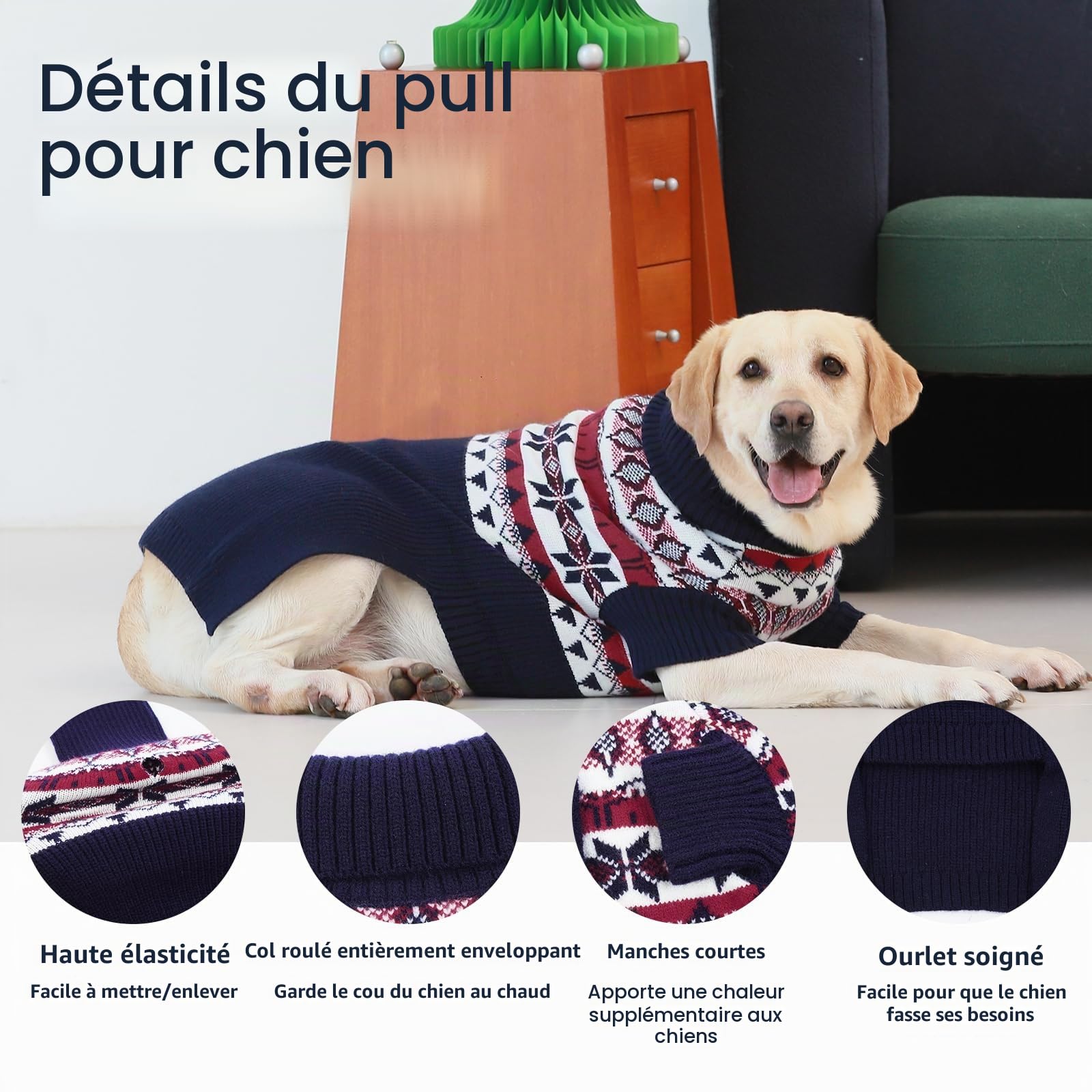 IECOii Pull pour Chien XXL - Pull Chaud de Noël pour Grand Chien - Col Roulé - Vêtement d'Hiver pour Chiens Extra Grands