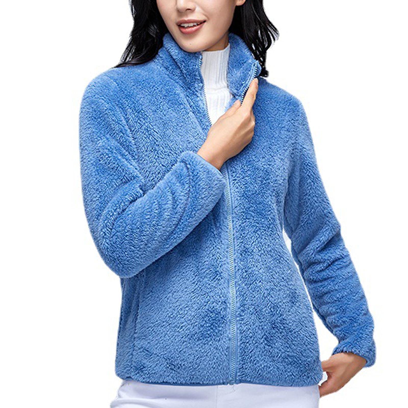 Women's Polar Fleece Thickened Jacket Winter Warm Double-Sided Stand-up Collar Plush Coat Zipper Thickened Outwear