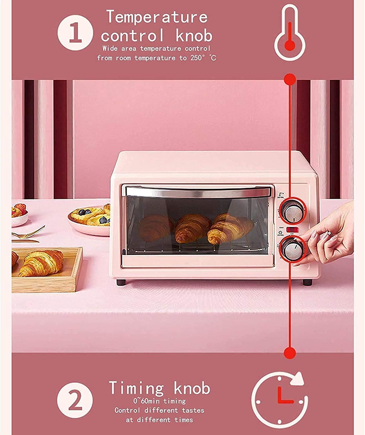 Mini Horno eléctrico automático Rosa para el hogar de 11L, horneado pequeño, Horno pequeño, Pastel multifunción, Pan, Batata, Batata al Horno,