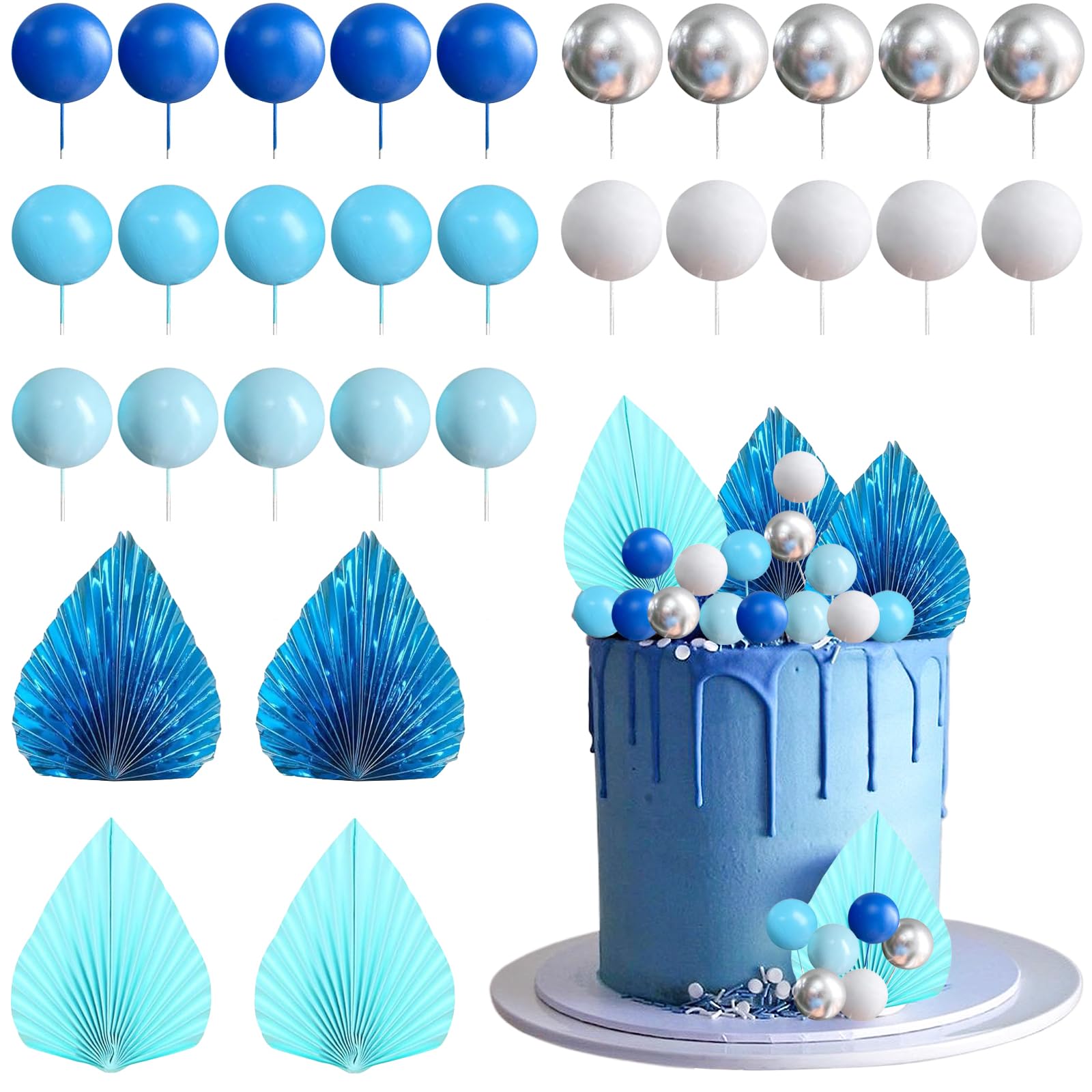 Boho Decorazioni per Torte Foglie di Palma Toppers per Torte Mini Blu Palla Decorazione Torta per Festa di Compleanno DIY Matrimonio San Valentino Baby Shower