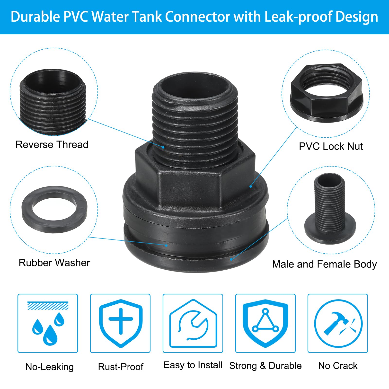 PATIKIL PVC Bulkhead Fitting 1/2 Female x 3/4" Male - Image 3