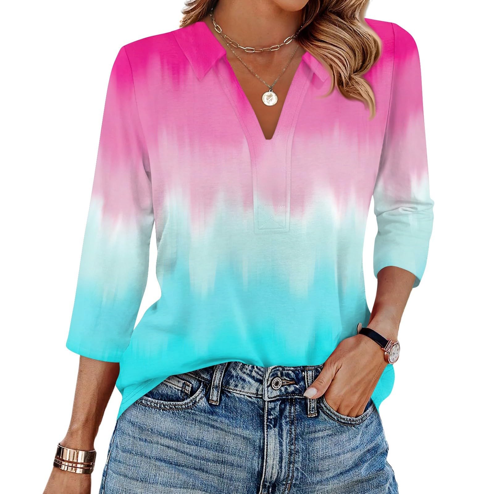 Women's 3/4 Sleeve V-Neck Collared Tops Summer Business Casual Work Polo Shirts 2025 Trendy Loose Fit Basic Tees
