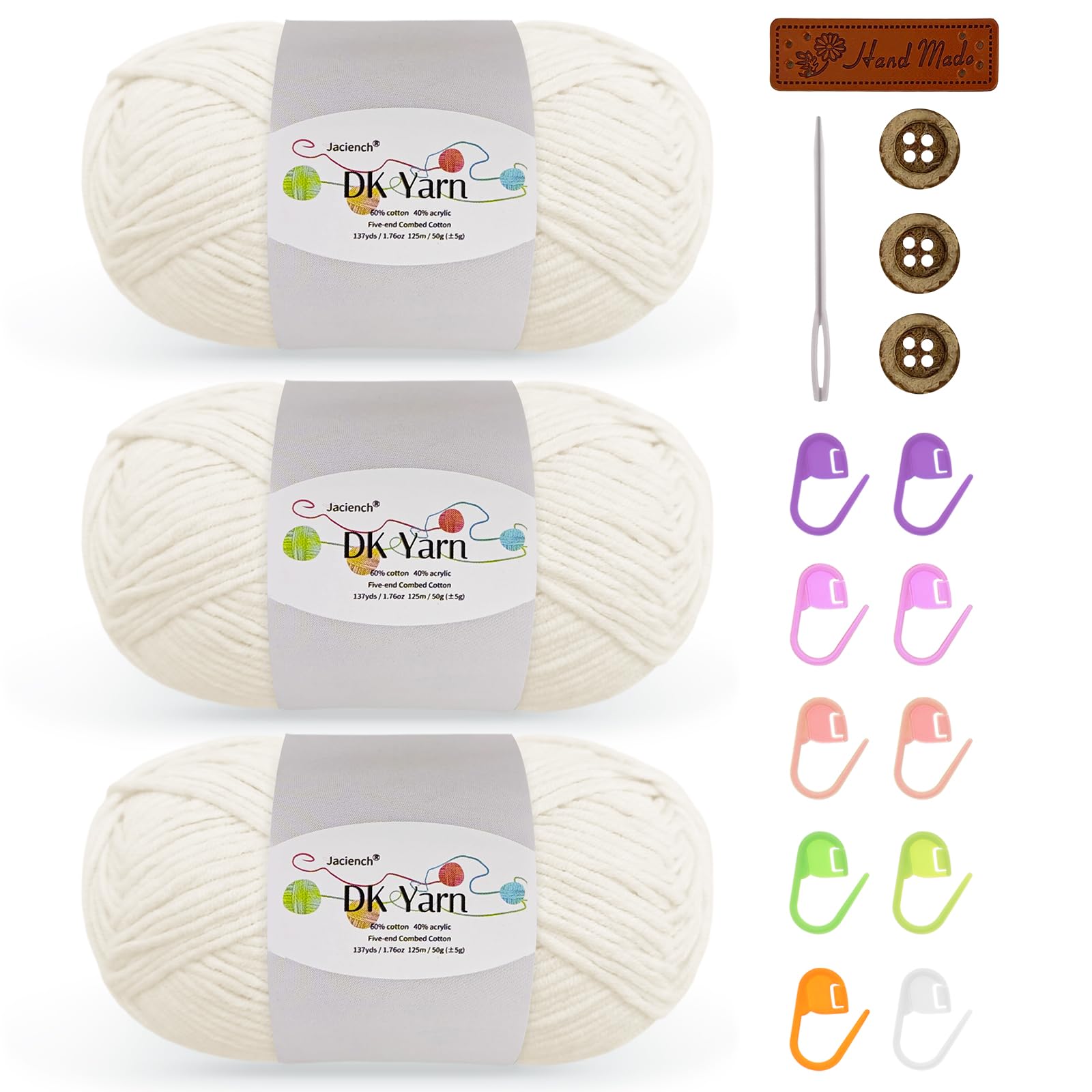 Crochet Yarn Kit, 3×50g 60% Cotton 40% Acrylic Combed Cotton Yarn with Accessories, DK Wool for Beginners Amigurumi Socks Blankets(White-3) — image 1