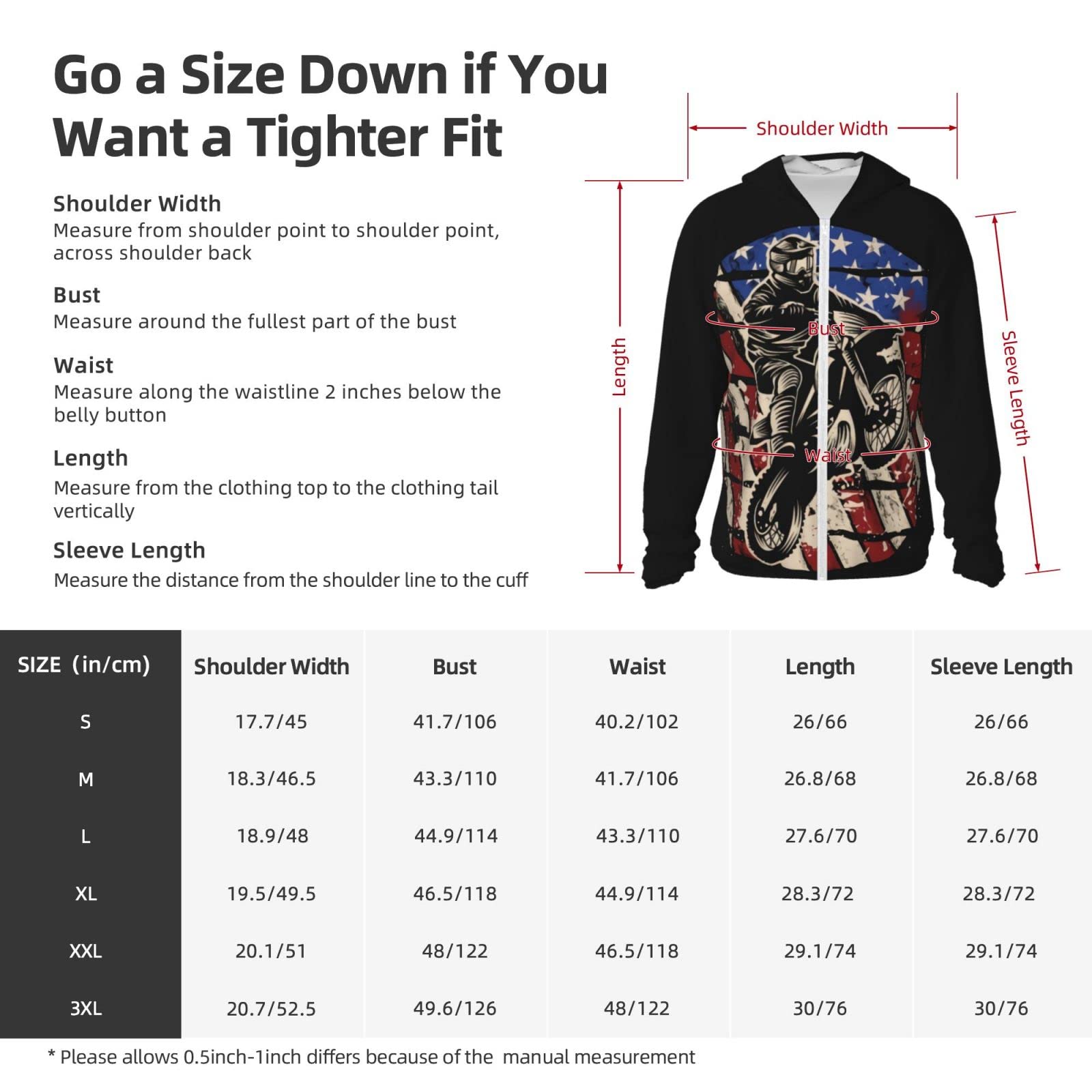 errtavt Motocross Dirt Bike American Flag Sun Protection Hoodie Women's Long Sleeve Uv Shirts Jacket Jacket Hooded with Pockets for Hiking Outdoor Medium