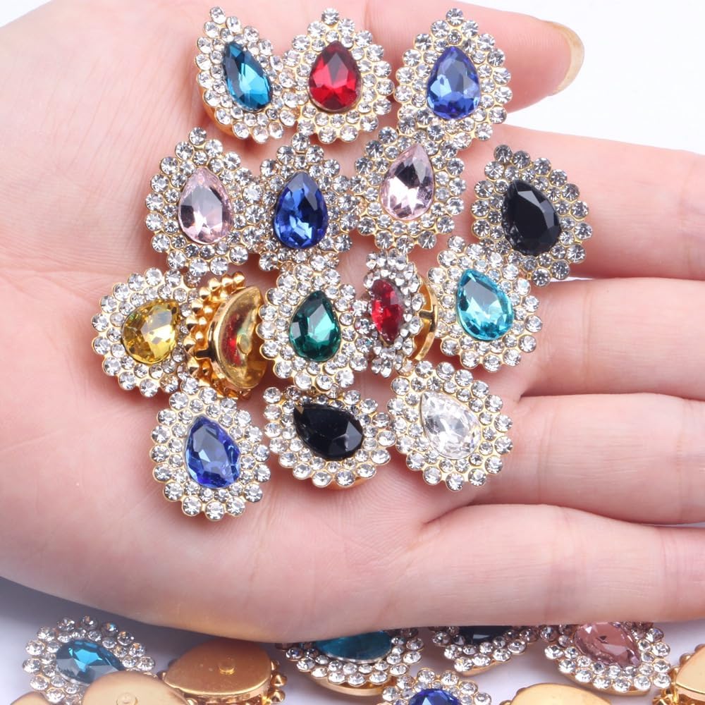 30 Pcs Sew On Rhinestone 7x10mm Tear Drop Flatback Crystal Glass Metal Gold Setting Gems for Wedding Clothes Dress Jeans Crafts Decoration (13Mixed)