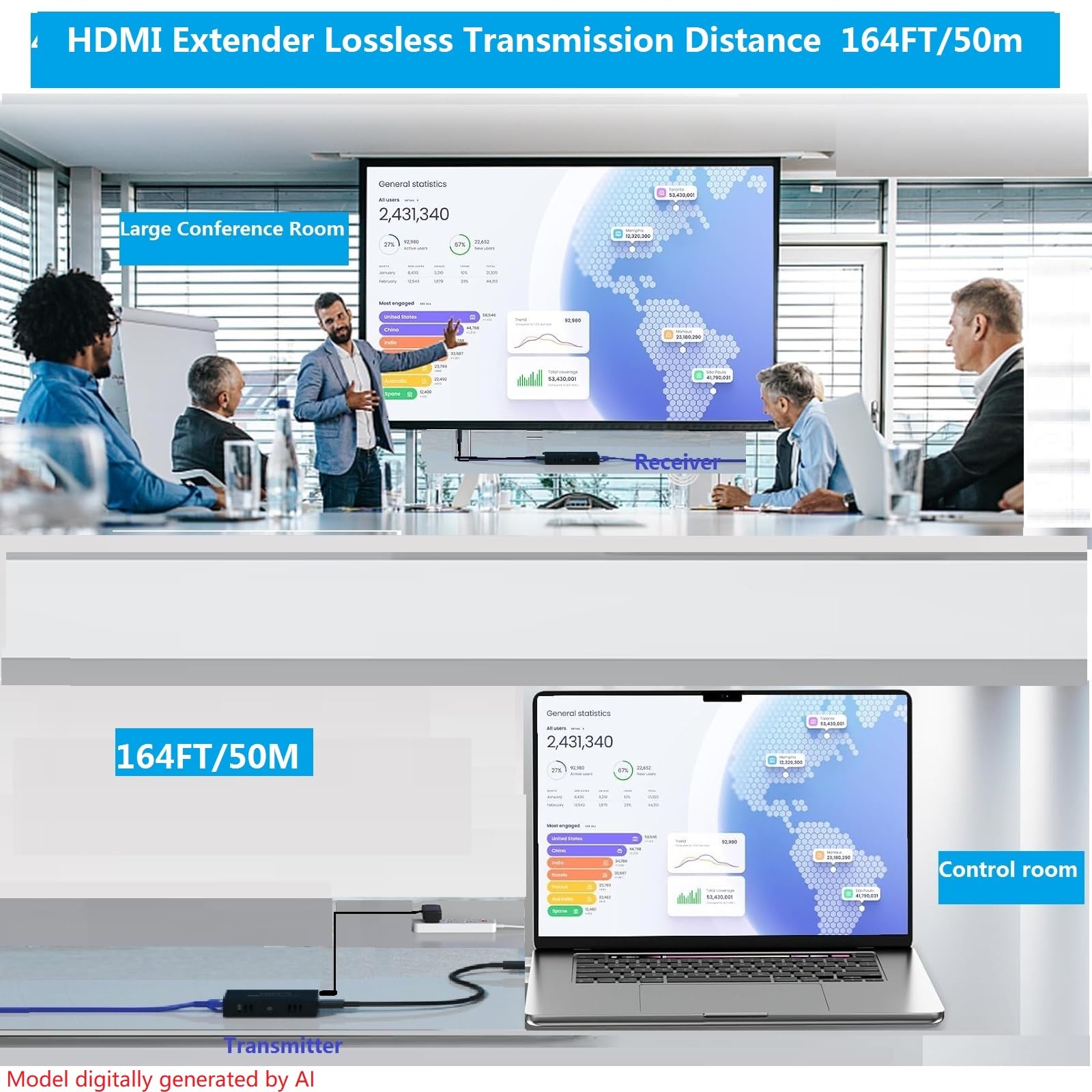 Rallonge HDMI, rallonge HDMI sur Cat5e/6 jusqu'à 50 m, extension vidéo 1080p @ 60 Hz, transmission audio et vidéo synchrone, prend en charge la copie EDID, POC, fonction 3D, transmission ultra