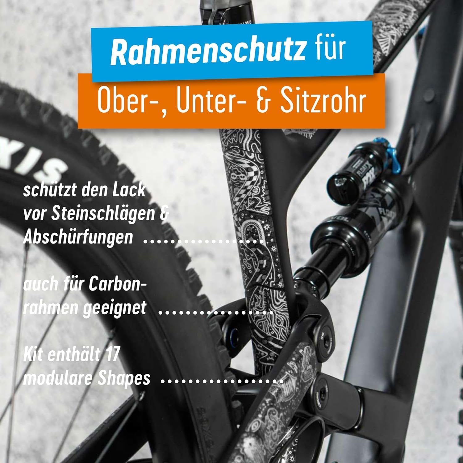 Riesel Design - MTB Fahrrad Set - Schutzblech vorn und Rahmenschutzfolie | Fahrrad Schutzblech inklusive Kabelbinder und extra robuste Schutzfolie für Ober-, Unter- und Sitzrohr