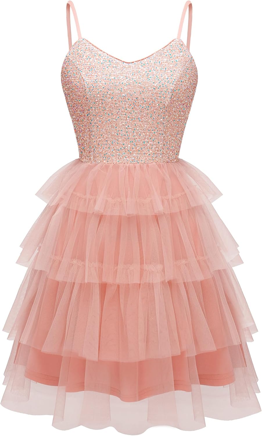Dressystar 2026 Women's Tiered Sparkly Sequin Glitter Formal Prom Dress Mini Spaghetti Strap Tulle Cocktail Party Dresses
