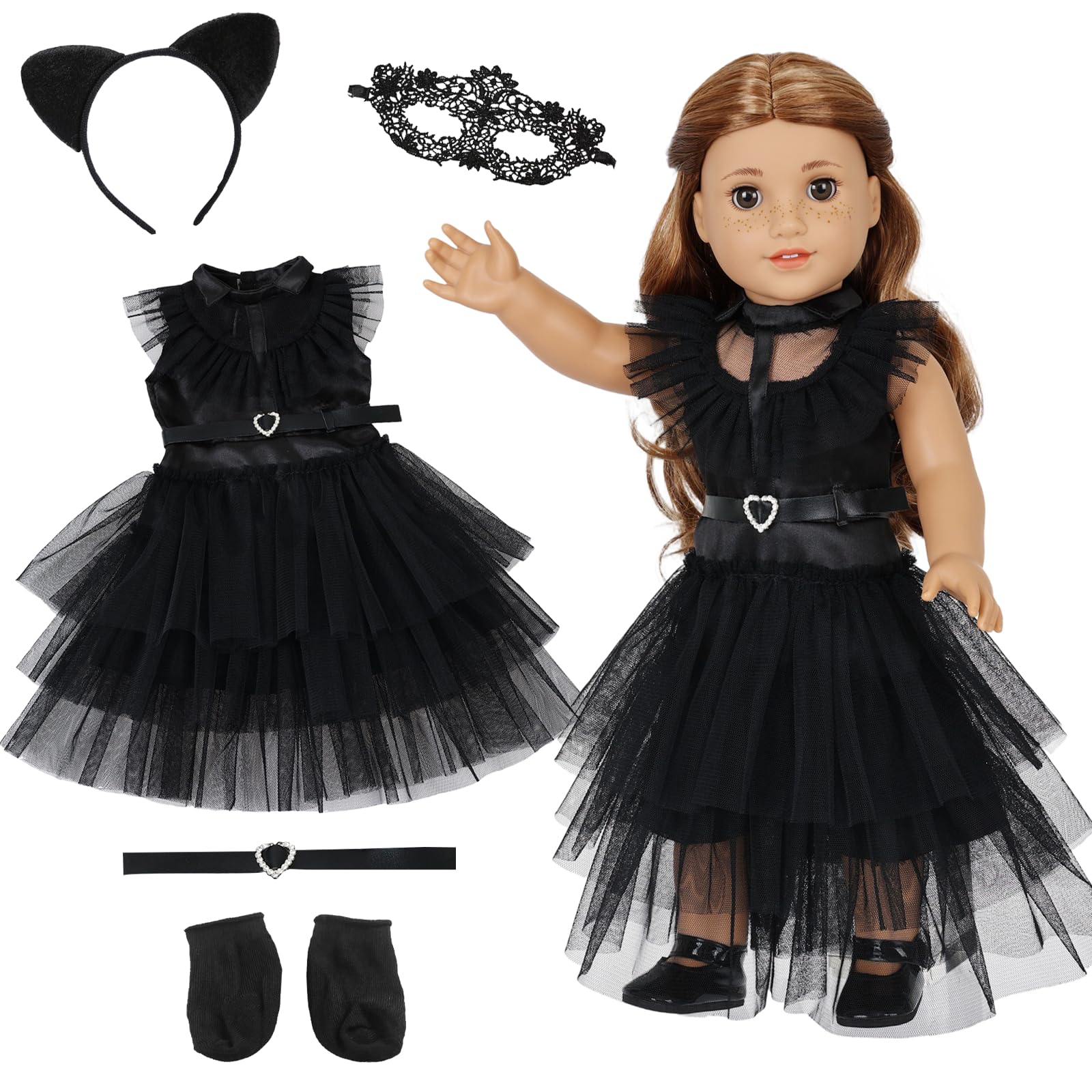 Baby Dolls Clothes for 14-17 Inch Doll, 35-43cm Baby Dolls Clothes Set with Black Dress Neck Strap Socks Eye Mask Headband Tattoo Sticker, Baby Doll Accessories for Girls Kids