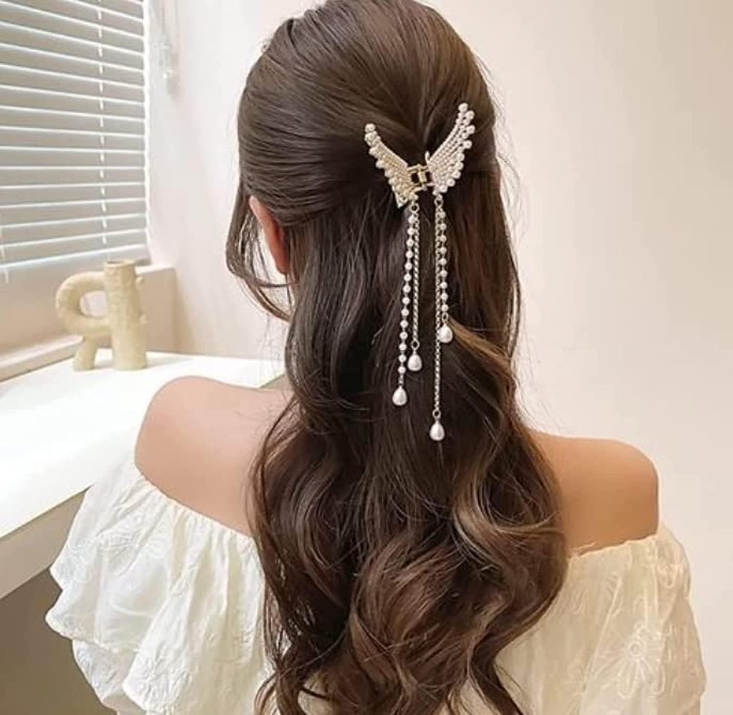 AP SALES Pearl Butterfly Hair Accessories | Wedding Claw Clutcher Metal Clip | Stone Women Hair Clutche (1) 4