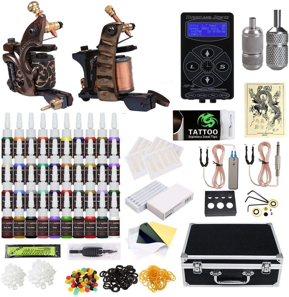 TOP PRO Level Digital Complete Tattoo Kit Machine 2 Damascus Steel Handmade Guns 40 Inks