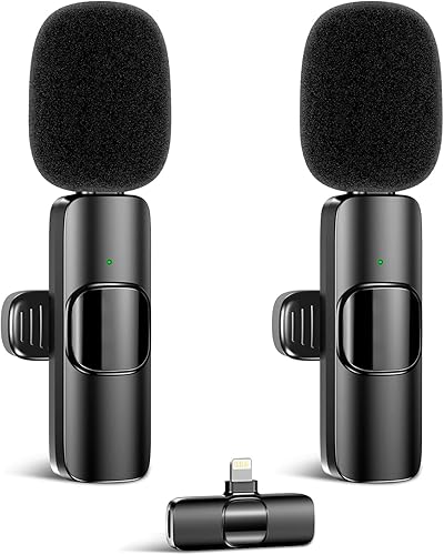 MIOGREN Paquete de 2 micrófonos inalámbricos Lavalier para iPhone, iPad, Plug-Play, micrófono inalámbrico profesional, con solapa, reducción de