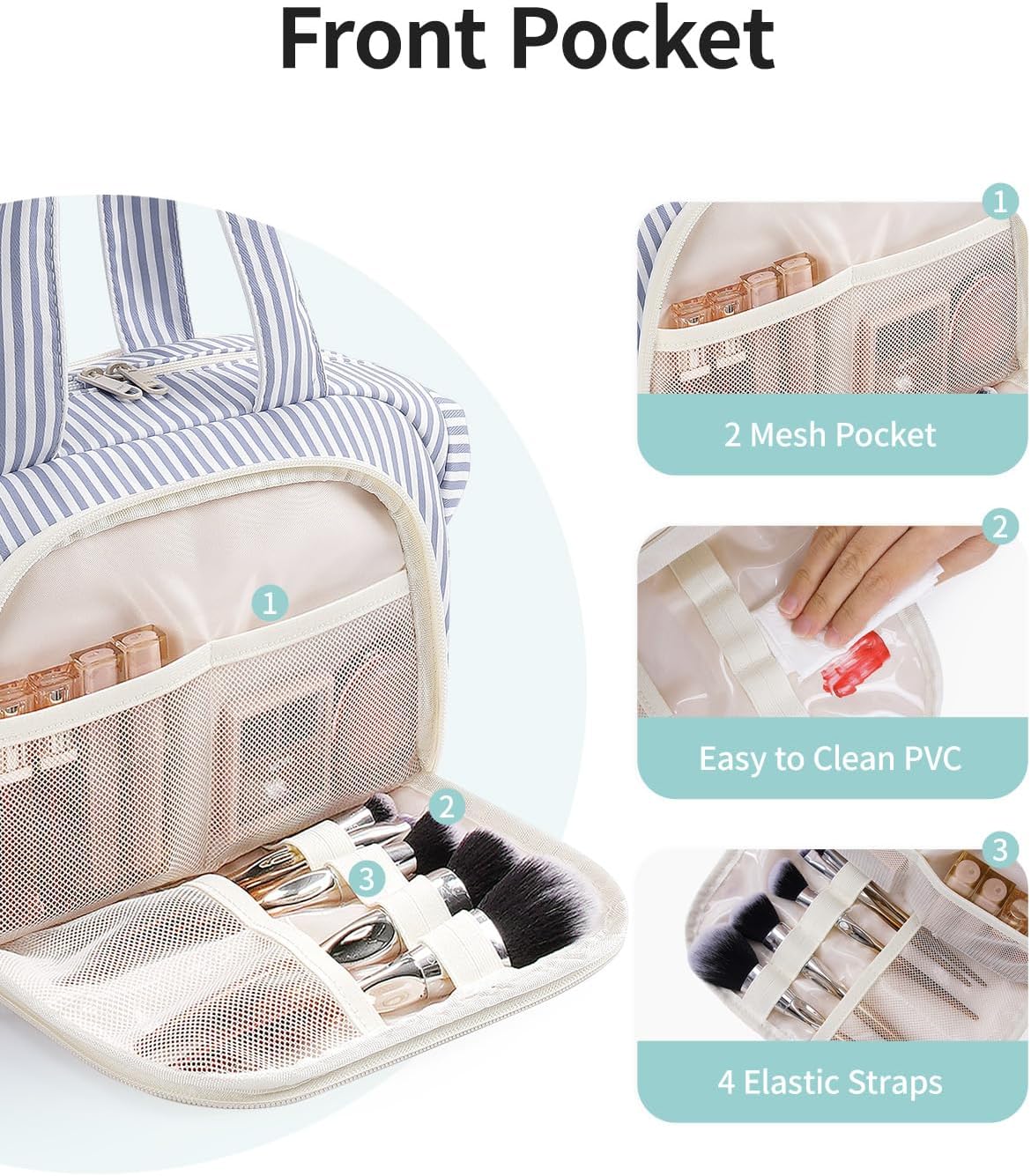 Narwey Travel Toiletry Bag for Women, Striped Large Makeup Bag, Wide-open Cosmetic Make Up Organizer with Handle, Travel Bag for Toiletries, Essentials, Accessories (Greyish Blue Stripe) - Image 3