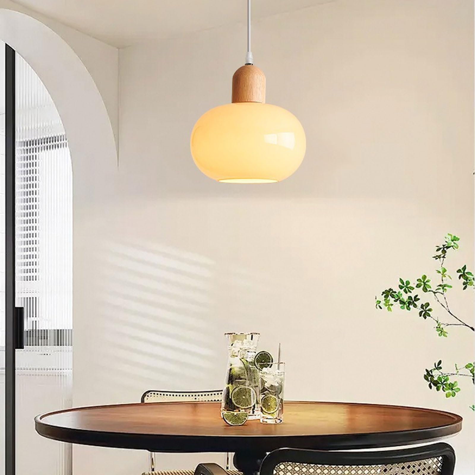 Suspension Luminaire Verre et Bois de Caoutchouc 20cm Style Moderne Scandinave E27 Lampe Suspendue Hauteur Réglable pour Chambre Salon Cuisine (22cm)