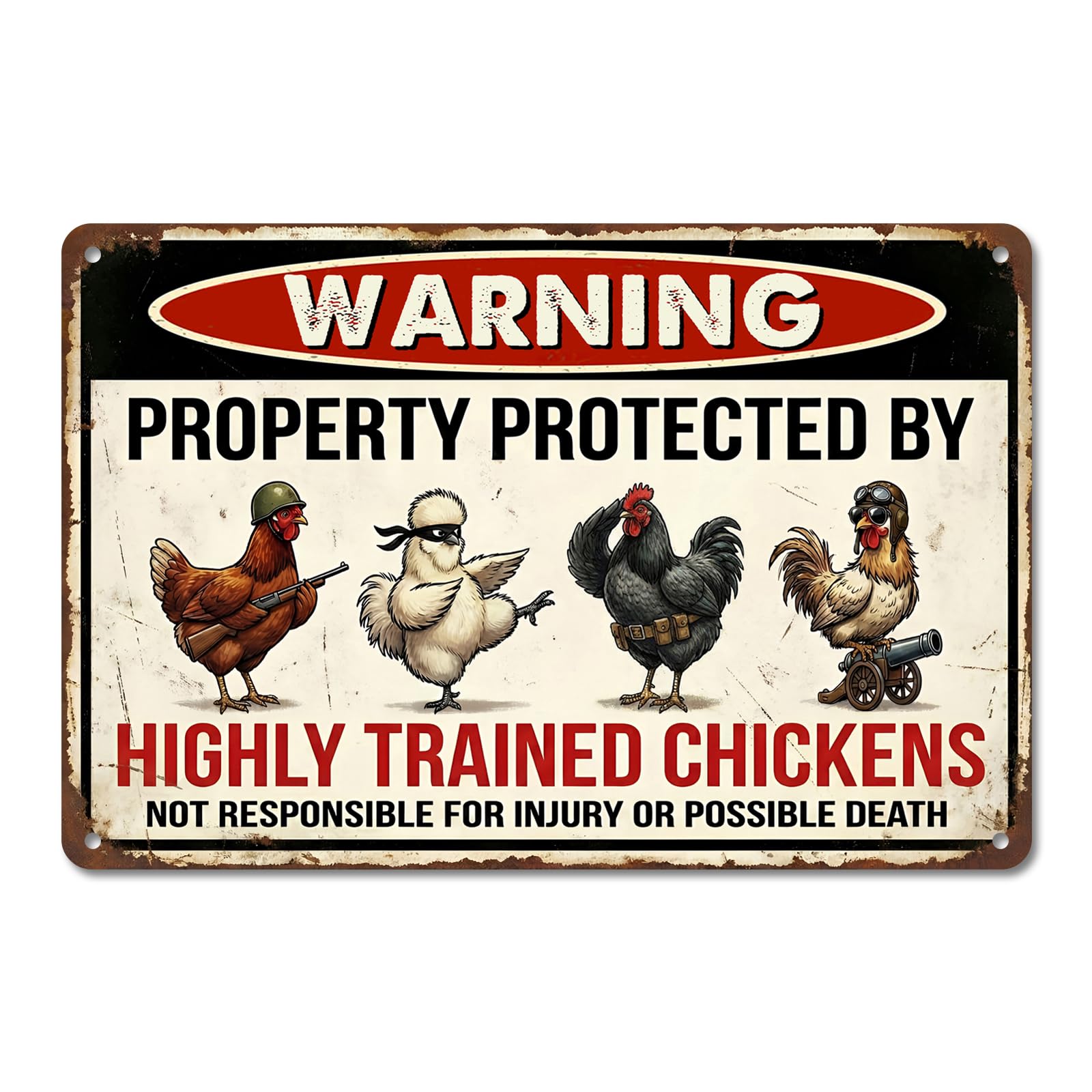 Funny Chicken Coop Decor "Warning Highly Trained Chickens" Tin Sign - Rustic Farm Decor, Backyard Fence Signs - Gag Gifts for Chicken Lovers 8x12 Inch（26003）
