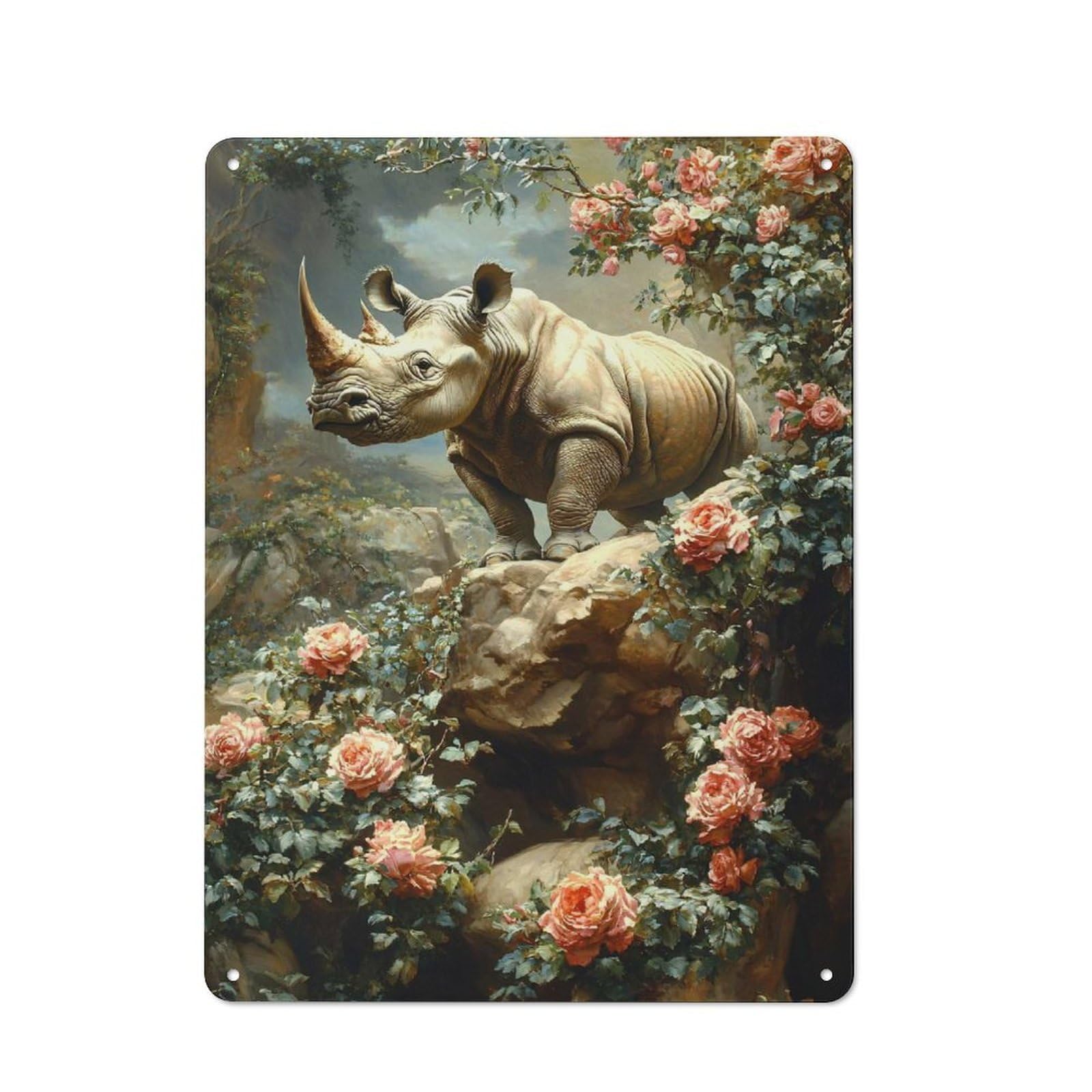 Rhinoceros Amidst Blooming Roses Farmhouse Metal Sign 40x30cm, Rustic Country Wall Plaque for Farmhouse Kitchen, Pantry Or Dining Area