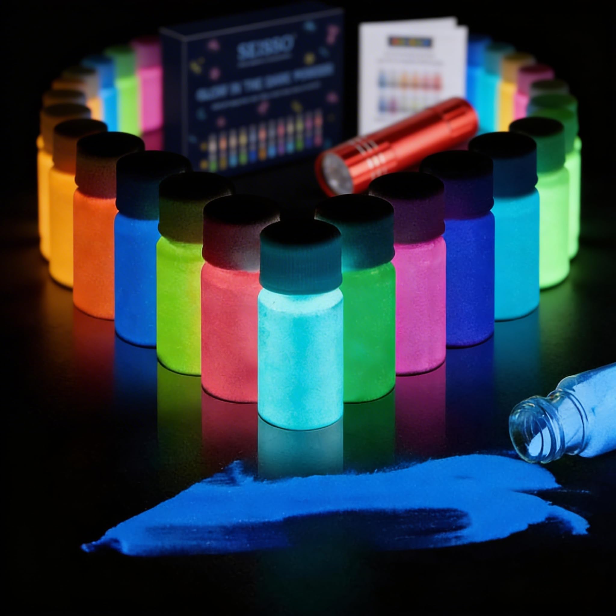 Glow In The Dark Pigment Powder 12 Colors Epoxy Resin Dye Luminous Powder Safe Long Lasting for Fine Art, DIY Nail Art, Epoxy Resin Mold Colorant, Acrylic Paint, DIY Crafts and Theme Party, 0.7oz Each