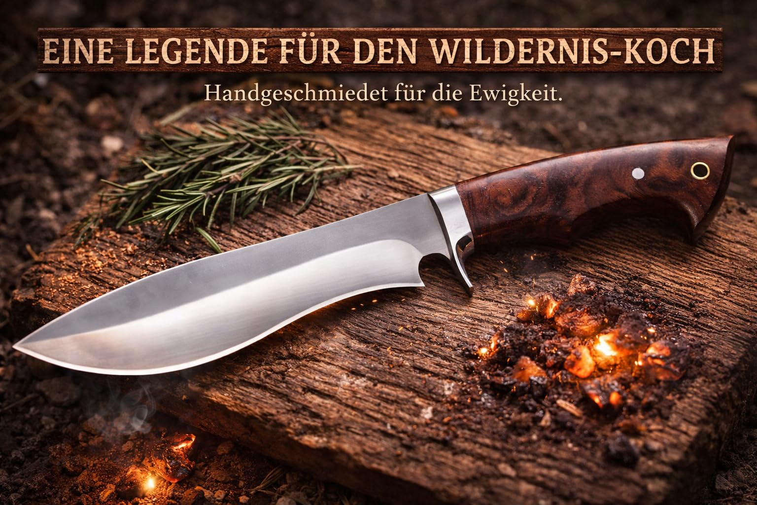Handmade hunting knife, 26 cm blade made of real Damascus steel, rosewood handle, 39 cm overall length, real leather sheath. (Bowie-3)