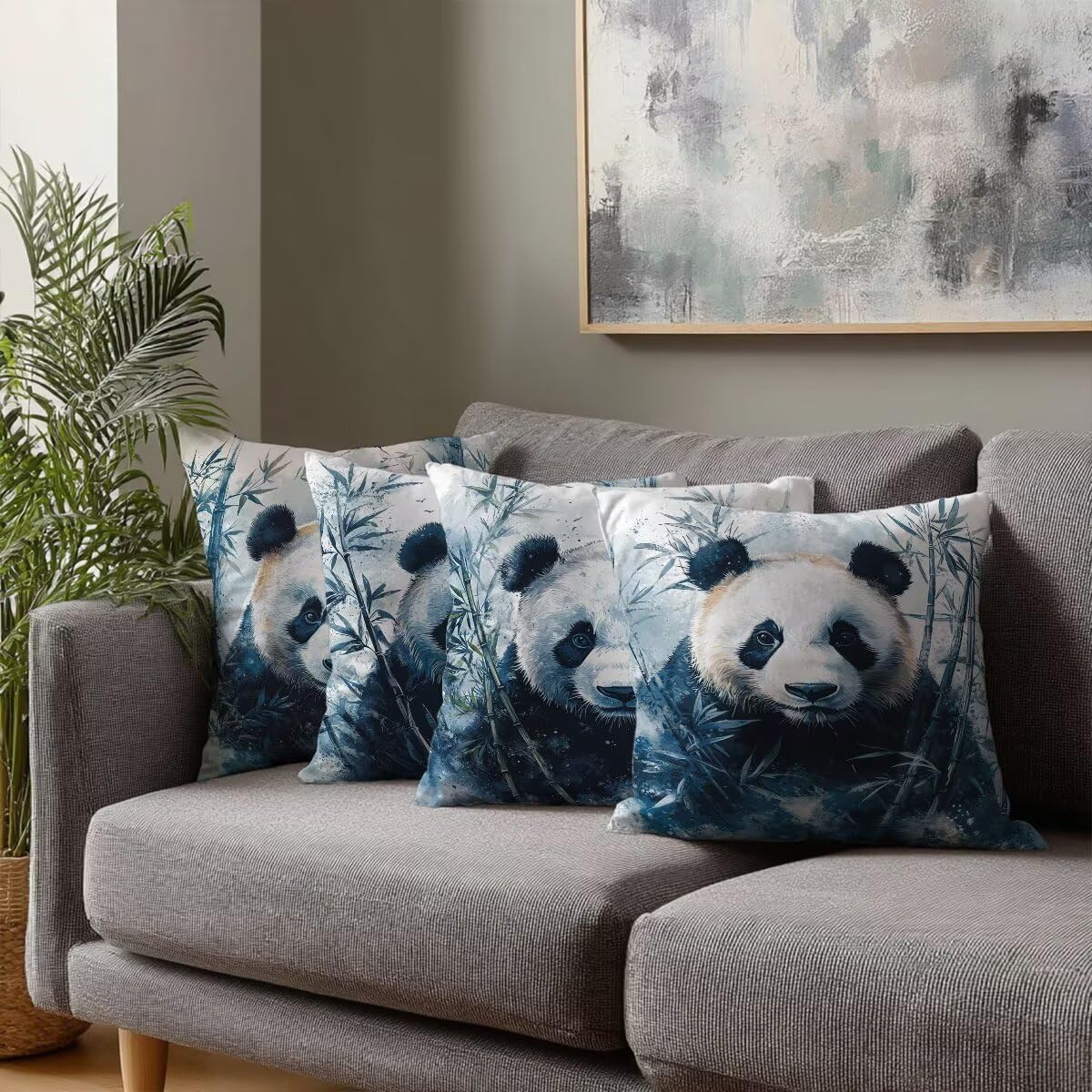 Federe Cuscini Divano 60x60 cm, Grigio Cuscini per Divano, Velluto Federe Cuscino Letto Impermeabili Set da 4, Copricuscini Panda Motivo con Cerniera Invisibile Design per Sofá, Regalo Donna F-29
