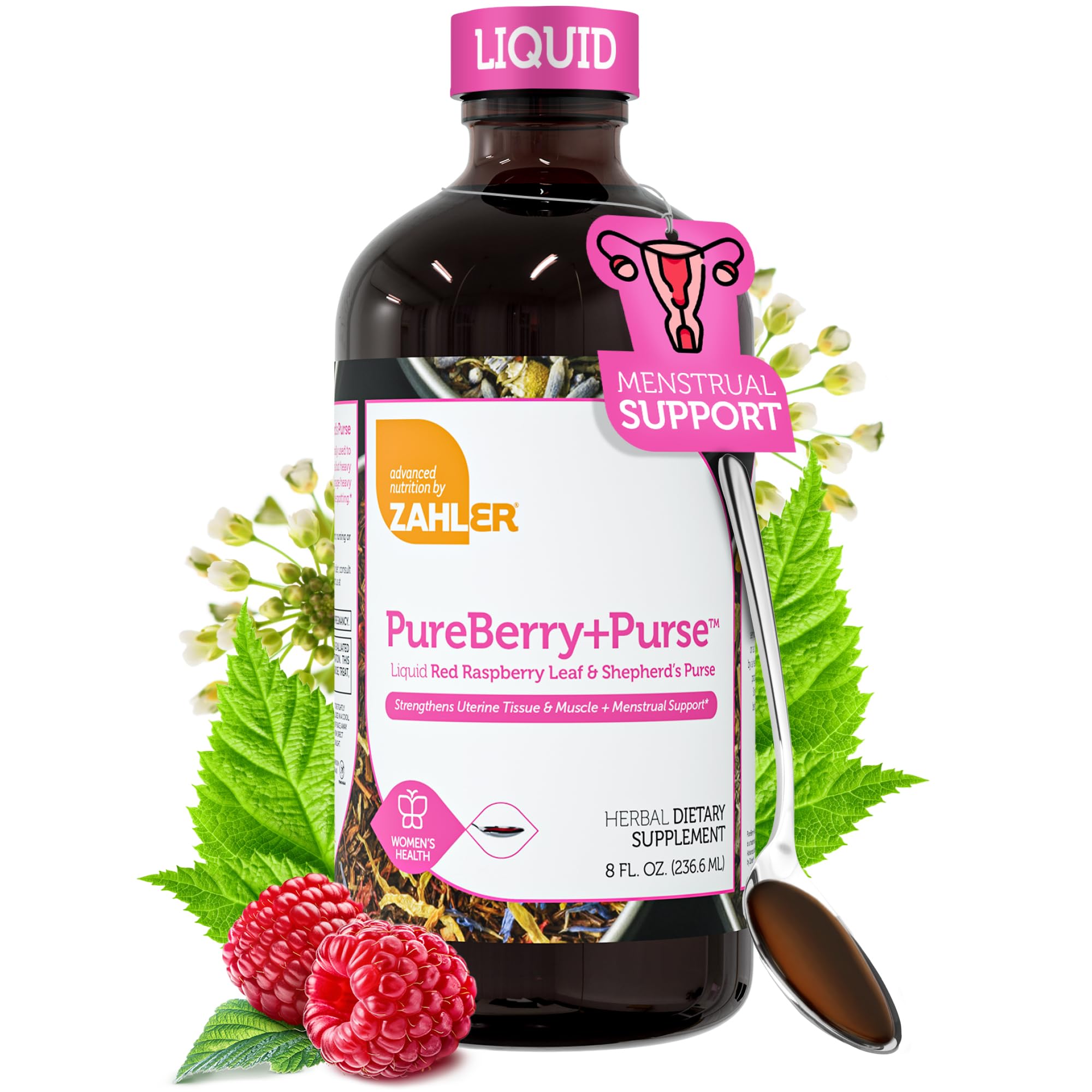 Zahler PureBerry+Purse, Liquid Raspberry Leaf & Sheperd's Purse, Strengthens Uterine Tissue, Certified Kosher, 8OZ