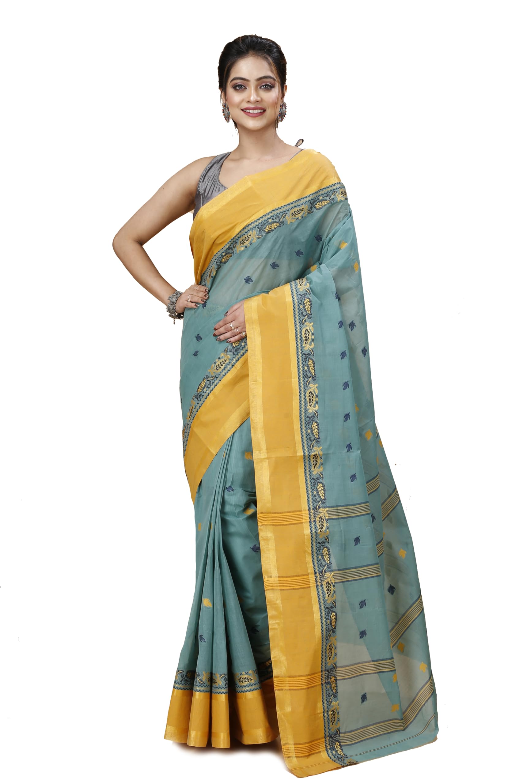 Women's Traditional Bengal Tant Pure Cotton Design Border & Butta Tant Saree Without Blouse Piece