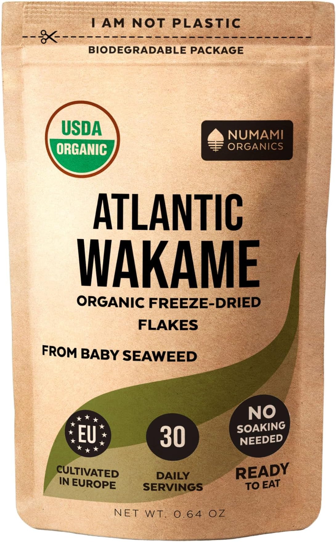 Wakame Seaweed Flakes - Organic Young Baby Seaweed Grown in North Atlantic. USDA Certified and Freeze-Dried Premium Quality. Soft Texture & Mild Taste. 30 Servings/0.64 oz