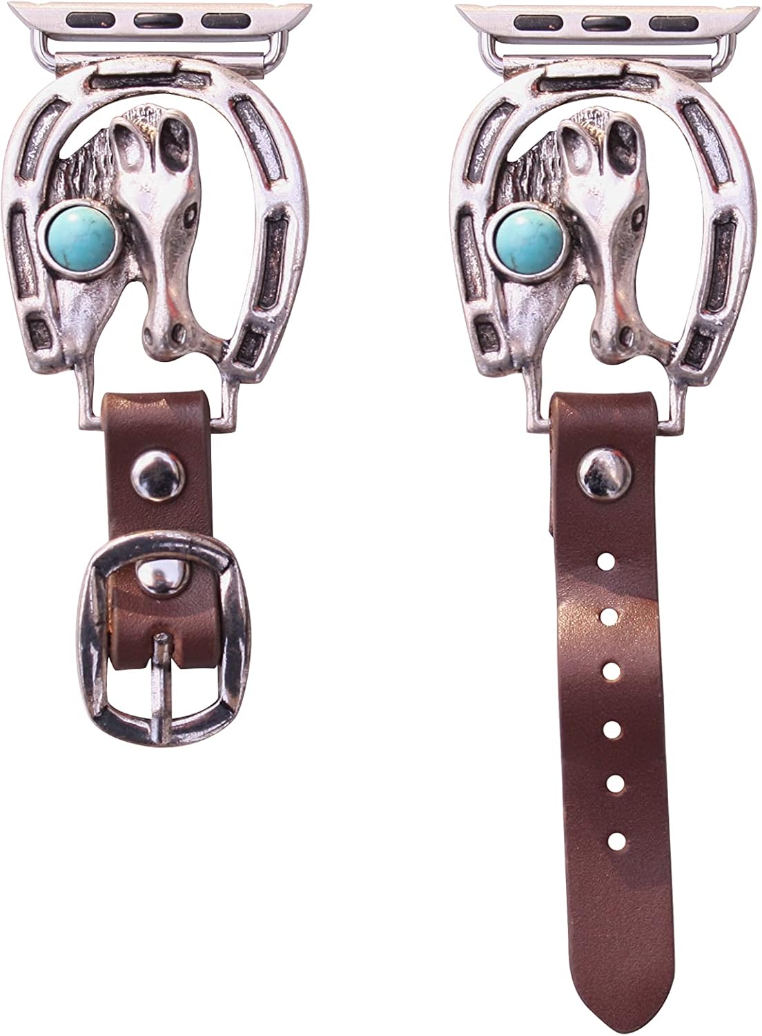 38 mm, 40 mm, 41mm compatible for Apple Watch Series 8,7,6,5,4, and SE Small Versions, Western Horse Shoe and Semi-Precious Turquoise Genuine Leather Apple Watch Band No. 72T