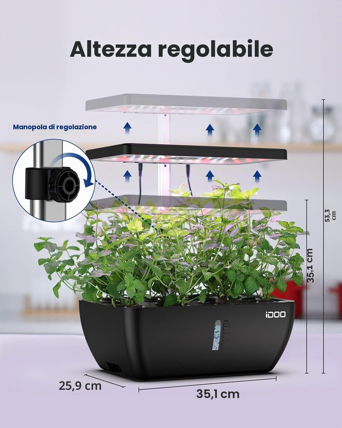 iDOO Giardino Intelligente Wi-Fi con LED Lampada da Coltivazione, 6,5L Sistema di Coltivazione idroponica con Ventola silenziosa, Giardino di Erbe da Interno da 12 baccelli, Altezza Regolabile - 37cm