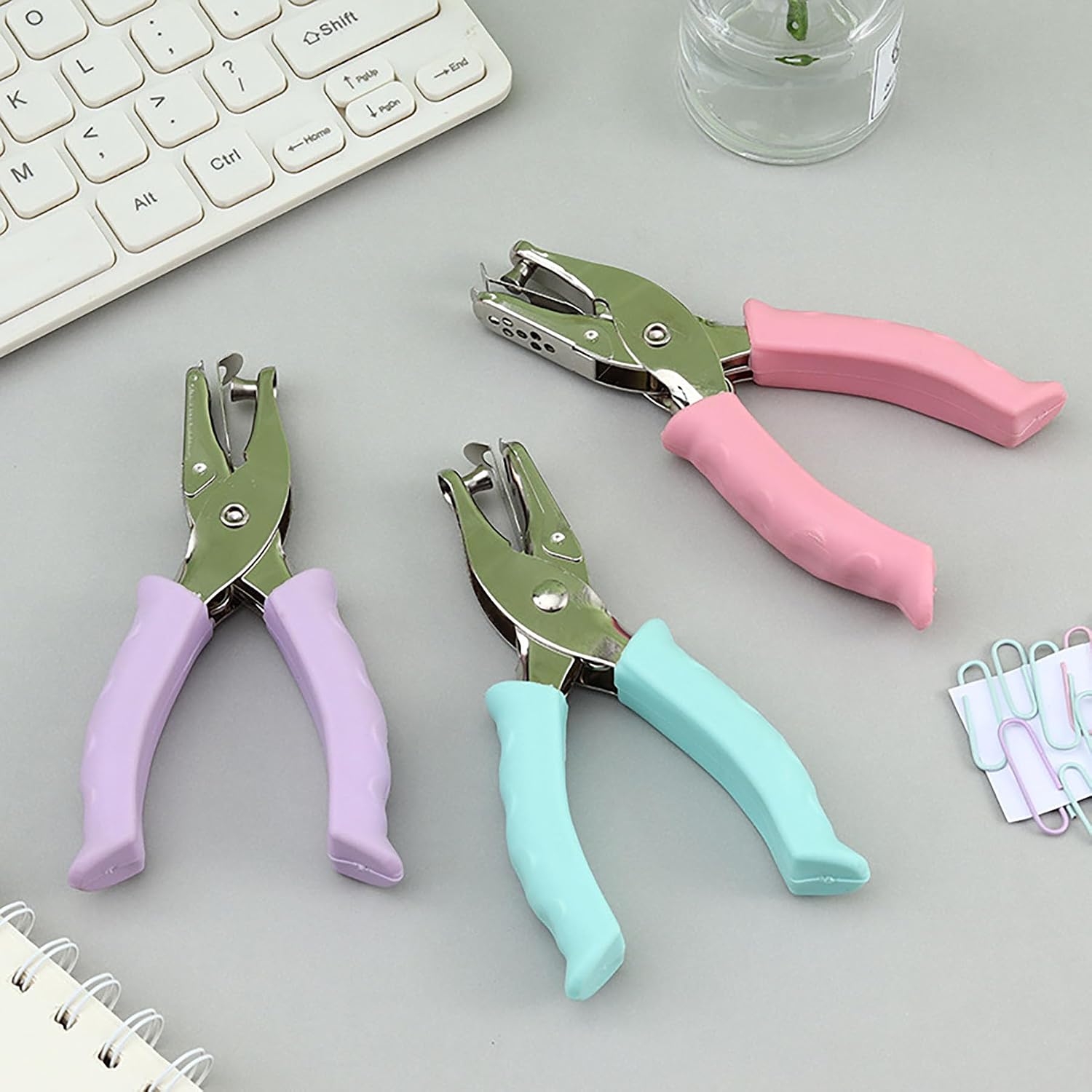2pcs Single Hole Punch 1/4 inch Metal Handheld Small Paper Punch with Soft Grip Handle for Circle Holes for DIY Craft Tag in Home, Office, Classroom (Green+Purple)