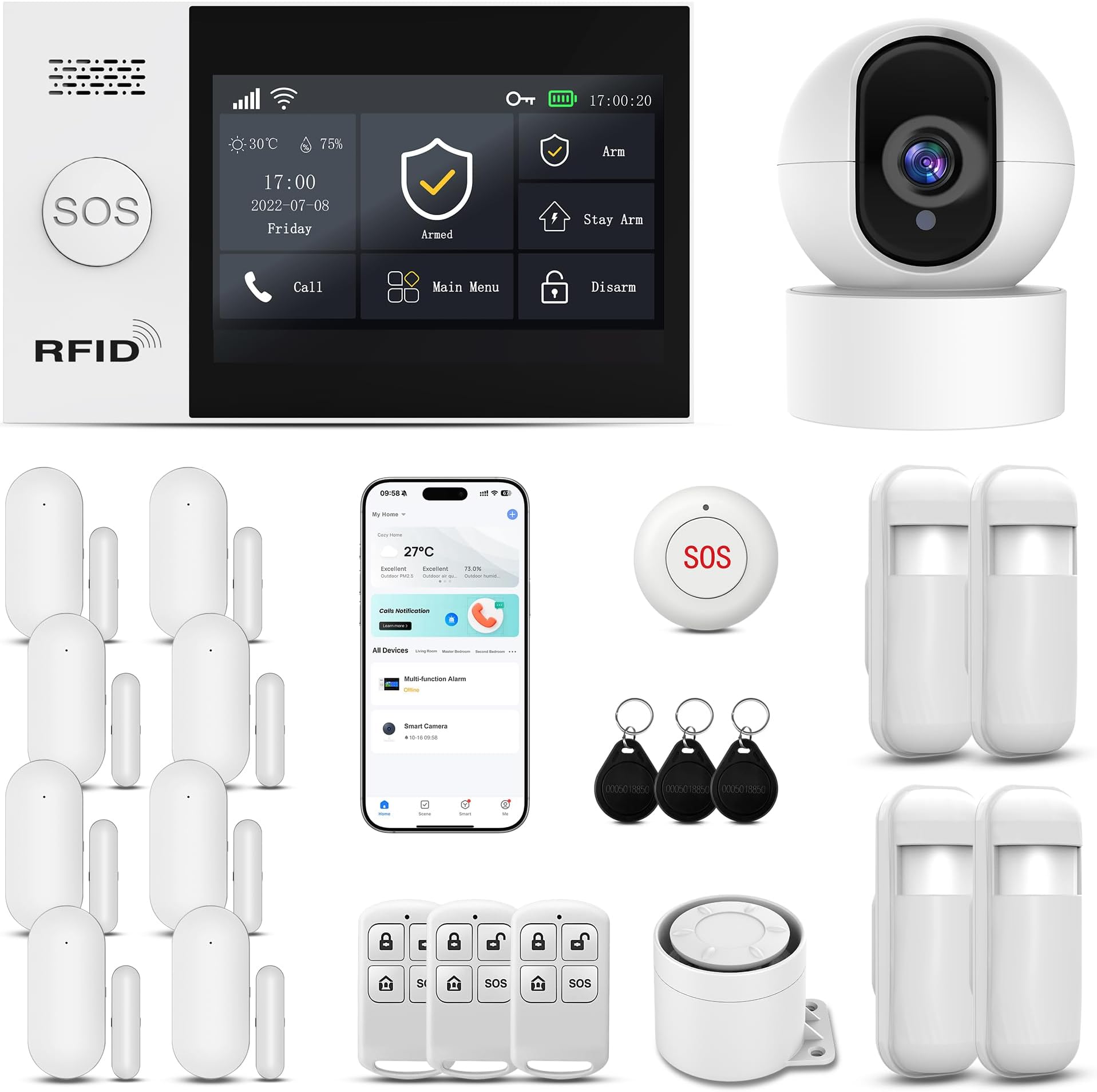 Alarm System for Home Security,22-Pcs 4.3In Touch Screen Hub with 2K HD Camera Home Security System Kit,SOS Button,Window Alarms, Remotes,APP Control,Work with Alexa,No Monthly Fees
