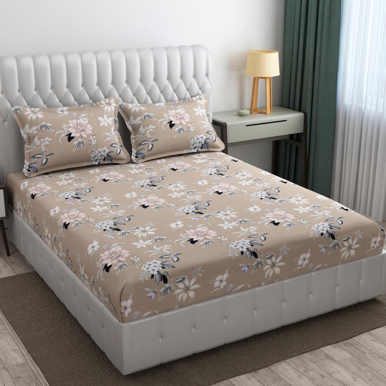 - 340 TC Cotton Feel Glace Cotton Elastic Fitted Printed King Size Double Bed Bedsheet with 2 Pillow Covers (78 * 72 Inches) (ren_35)