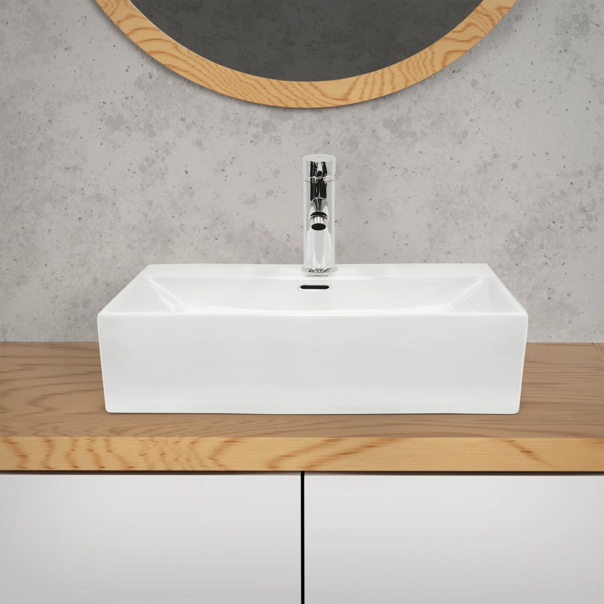 ECD Germany Lavabo da Appoggio in Ceramica Bianco Rettangolare 515x360x130 mm Design Moderno Lavabo Moderno da Appoggio Ceramica Lavandino Lavamano con Set di Scarico Lavabile 1 1x4 in Ottone Cromato
