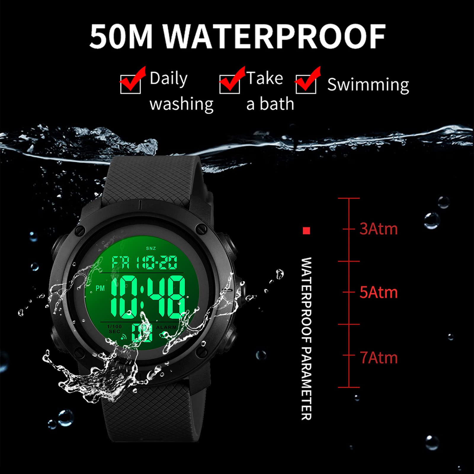 findtime Men's Digital Sports Watch Stopwatch Alarm Waterproof Wrist Watches for Men LED Tactical Dual Time Zone Display Electronic Outdoor Watch