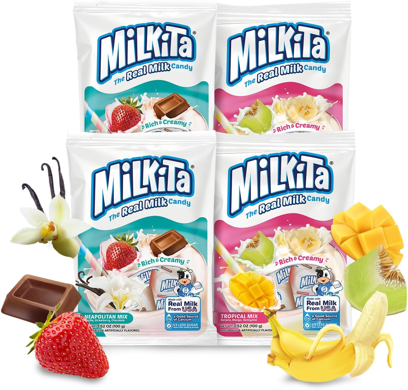 Milkita Creamy Assorted Milk Candy – Low-Sugar Healthy Sweets with Real Milk for Kids & Adults – Fat Free & Gluten Free Candy with Calcium for Everyday Indulgence (4-Pack/25 Count Each)