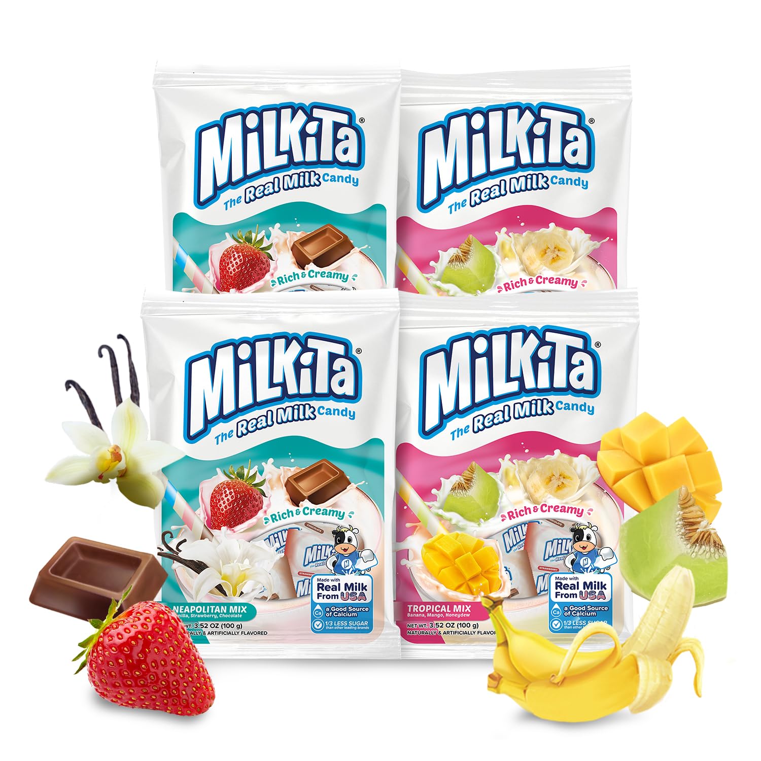 Creamy Shake Candy Pack of 4, Gluten Free Chewy Candies with Calcium & Real Milk, Zero Trans Fat, Low-Sugar, Assorted Neapolitan Flavors (Vanilla, Strawberry, Chocolate) & Tropical Flavors (Banana, Honeydew, Mango), 100 Pcs