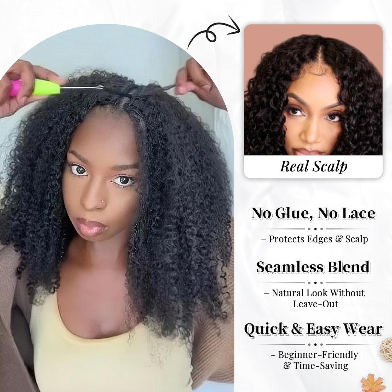 V Part Burmese Curly Wig for Black Women, Glueless Protein Silk Synthetic Curl Upgraded U Part Wigs Soft Natural Human Hair Feel, Lightweight Beginner Friendly Upart, Daily Wear/ Time-Saving Vpart